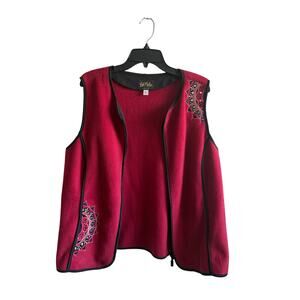 Bob Mackie Wearable Art Vest Large Red Embroidered Zip Up Fleece Jacket